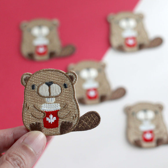 Beaver with Red Coffee Cup Embroidered Patch