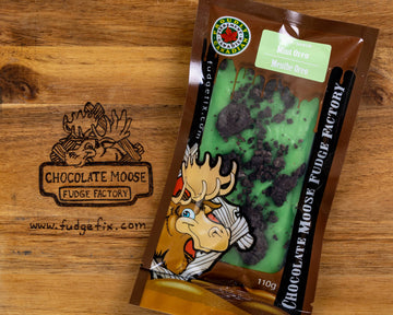 Fudge - Mint Oreo - Handmade Canadian Mint Oreo fudge in clear packaging with Chocolate Moose Fudge Factory logo, unique gift.