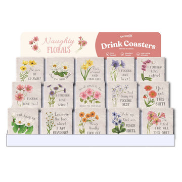 Naughty Florals Coasters (assorted designs) - Set of unique Canadian handmade coasters with cheeky floral designs and bold phrases, perfect gift.