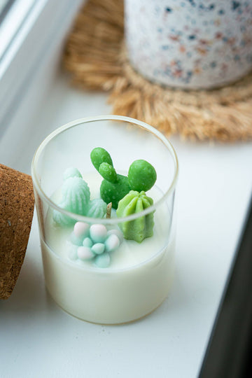 Prickly Pear Cactus Candle | Soy Blend: Mountain Walk - Handmade Canadian soy candle with unique prickly pear cactus and succulent decorations, perfect gift.
