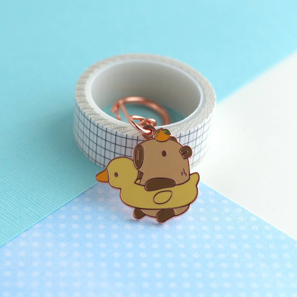 Capybara in Duck Floatie with Yuzu Enamel Keychain