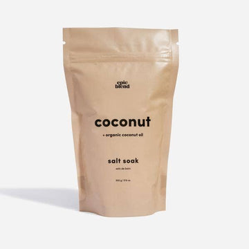 Coconut Bath Salt Soak - Matte beige resealable pouch of handmade Canadian coconut bath salt soak, unique gift size 3.5oz.