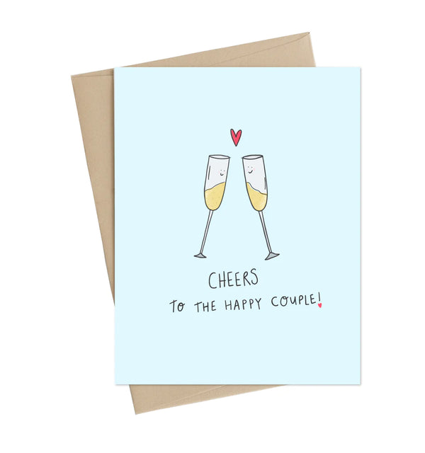 A light blue card with 2 champagne glasses and the words “Cheers to the Happy Couple”