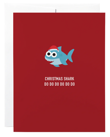 Christmas Shark Card - Red Christmas card with a cute blue shark wearing a Santa hat and text "Christmas Shark Do Do Do Do Do Do Do" unique.