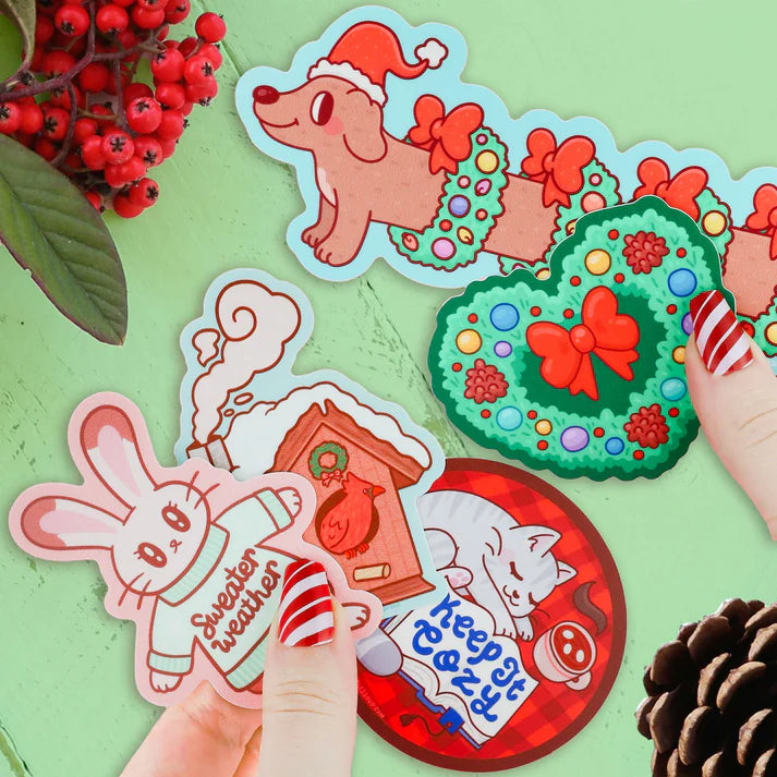 Holiday Weenie Dog Christmas Long Vinyl Sticker - 0