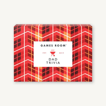Dad Trivia - Red and black plaid patterned box with white label reading Dad Trivia, unique handmade Canadian gift game for Father's Day.