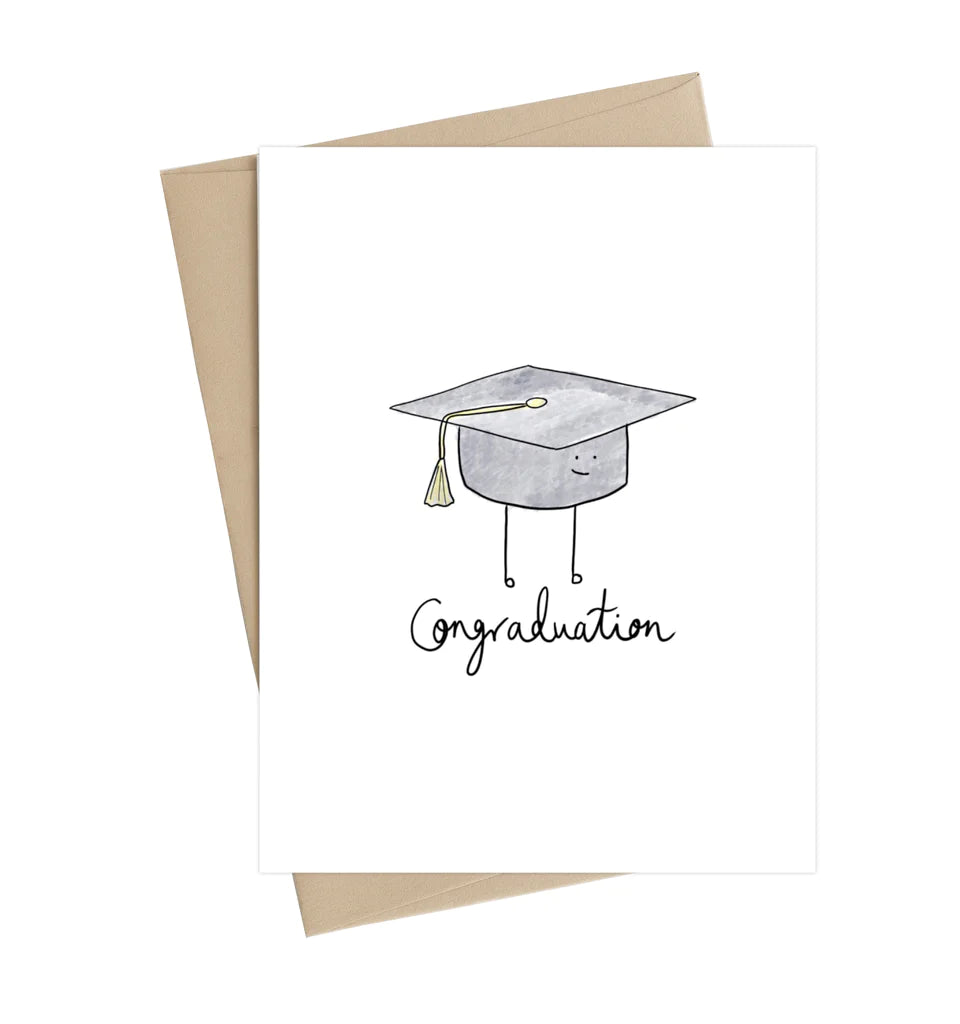 A white card with a blue graduation cap with a smiley face in the middle. Underneath in black cursive reads "Congraduation"