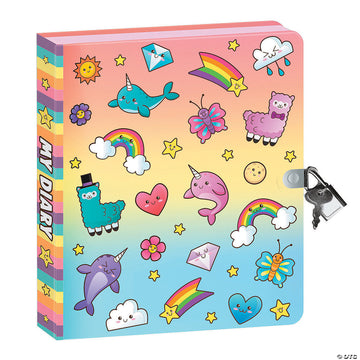 Cuties Diary with Key-Keeper Necklace - Colorful Cuties Diary with rainbow, animals, and heart illustrations, includes handmade Canadian key-keeper necklace gift.