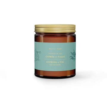 Cypress & Fig Soy Candle - Amber glass soy candle with gold lid and blue label featuring unique handmade Canadian Cypress & Fig scent, ideal gift.