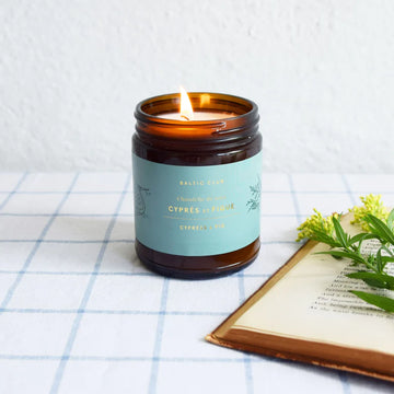 Cypress & Fig Soy Candle - Handmade Canadian Cypress & Fig soy candle in amber glass jar with blue label, unique gift option.