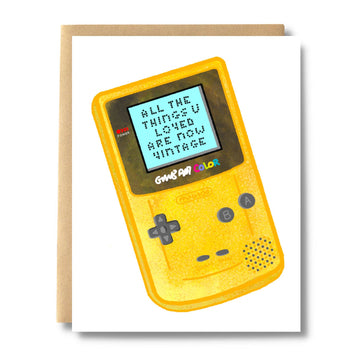 All The Things You Loved Are Now Vintage Game Pal Card - Handmade Canadian greeting card featuring a yellow vintage handheld game console with "All the things you loved are now.