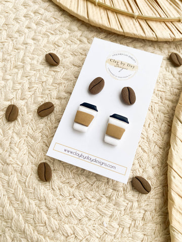 Coffee Cup & Coffee Bean Polymer Clay Stud Earrings - 0