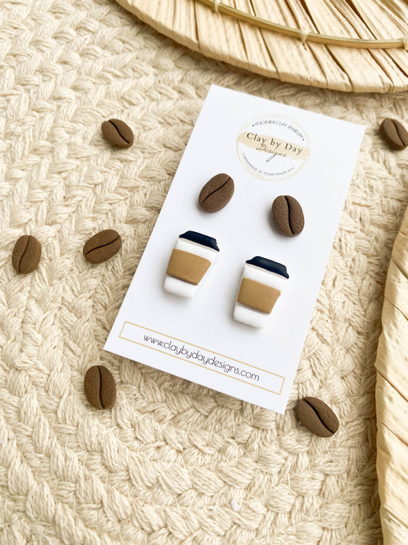 Coffee Cup & Coffee Bean Polymer Clay Stud Earrings