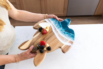 Resin Turtle Cheese / Charcuterie Board - Handmade resin turtle-shaped cheese board with blue ocean waves and natural wood finish, perfect gift.