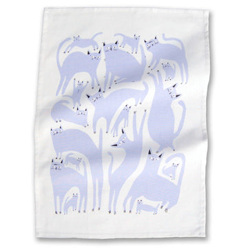 Lavender Cats Tea Towel - White tea towel featuring a unique handmade lavender cat pattern, a charming Canadian gift.