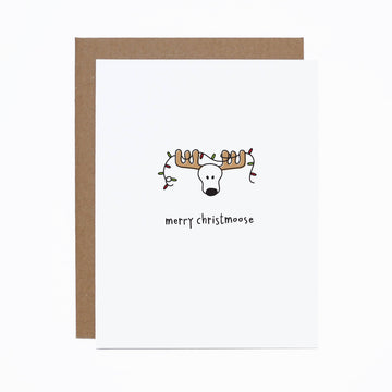 Merry Christmoose Card - Handmade Canadian Christmas card with a minimalist moose wearing colorful holiday lights, unique gift design.