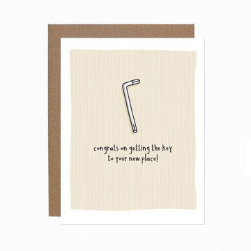 New Home Key Card - Handmade Canadian greeting card with simple key illustration and housewarming message, unique gift design.