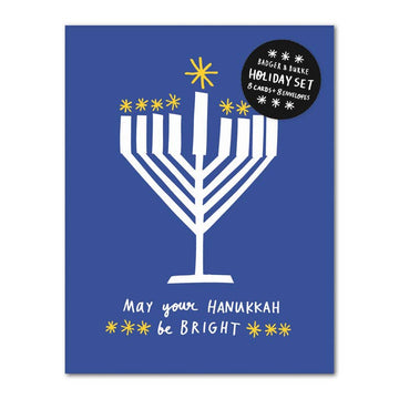Menorah Card Set - Blue Hanukkah card with white menorah and yellow stars, handmade Canadian gift design.