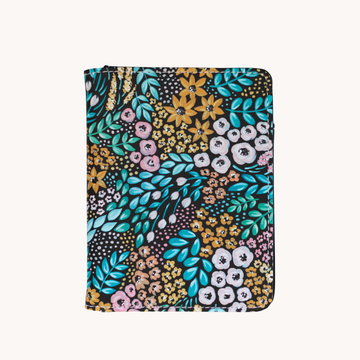Black Floral Passport Cover - Black passport cover with colorful floral pattern, unique handmade Canadian gift design.