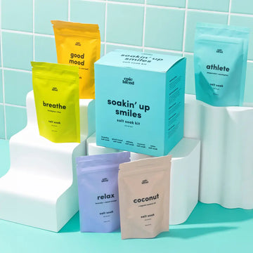 Soakin' Up Smiles - Salt Soak Kit Bundle - Handmade Canadian salt soak kit bundle with colorful pouches labeled good mood, breathe, athlete, relax, and coconut, unique .