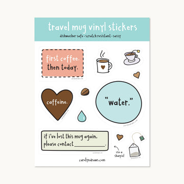 Travel Mug Vinyl Sticker Sheet - Handmade Canadian vinyl sticker sheet with unique coffee and water-themed travel mug designs, perfect gift.