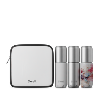 Moonstone Travel Bottle Set - Moonstone Travel Bottle Set with three small silver and floral bottles in a compact white handmade Canadian gift case.