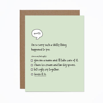 Shitty Thing Empathy Card - Green handmade empathy card with playful text and checkboxes, a unique Canadian gift.