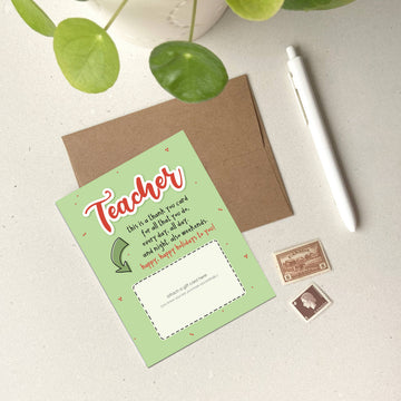 Holiday Teacher Gift Card - Handmade Canadian holiday teacher gift card with green, red, and brown accents, paired with kraft envelope and white pen.