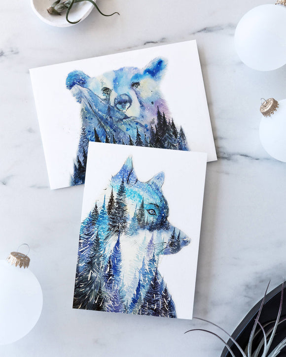 Aurora Bear Northern Lights Night Sky Watercolor Art Card