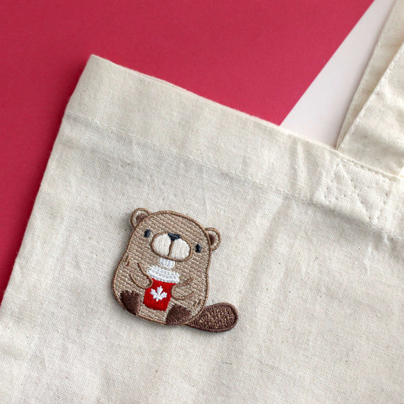 Beaver with Red Coffee Cup Embroidered Patch
