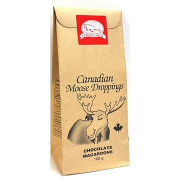 Chocolate Coated Macaroons - Brown paper bag with Canadian Moose Droppings chocolate macaroons, handmade gift with moose illustration and maple leaf.
