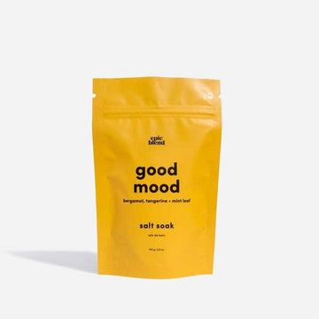 Good Mood Bath Salt Soak - Bright yellow resealable pouch of Good Mood Bath Salt Soak, handmade Canadian spa gift with bergamot and tangerine scents.