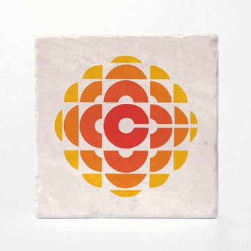 CBC Retro Gem 1974 to 1986 Logo Coasters - Handmade Canadian stone coaster with retro CBC logo in orange and red, unique gift design.