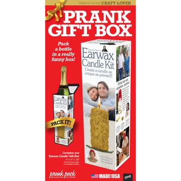 Prank Gift Bottle Box: Earwax Candle Kit - Prank Gift Box with handmade Canadian Earwax Candle Kit, unique novelty gift packaging.