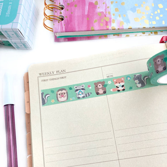 Woodland Animal Washi Tape: Bear, Fox, Hedgehog, Raccoon