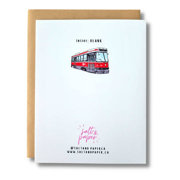 Short-Turn Streetcard Card - Handmade Canadian greeting card with red streetcar illustration, unique gift for birthdays or Valentine's Day.