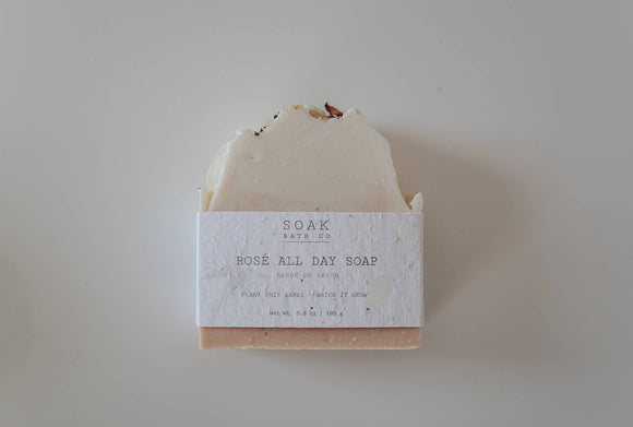 Rosé All Day Soap Bar - Rectangular handmade soap bar with creamy white top and light peach base, wrapped in minimalist white paper label.