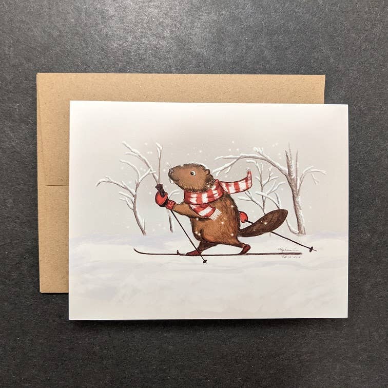 Skiing Beaver Greeting Card - 0