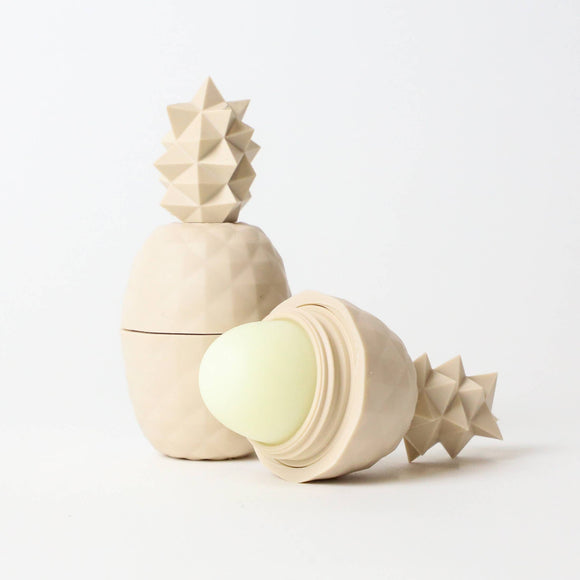 GIFT SET 3 Pack Lip Balm FALL EDITION - Beige pineapple-shaped container with smooth, matte finish holding pale yellow heart-shaped lip balm inside.