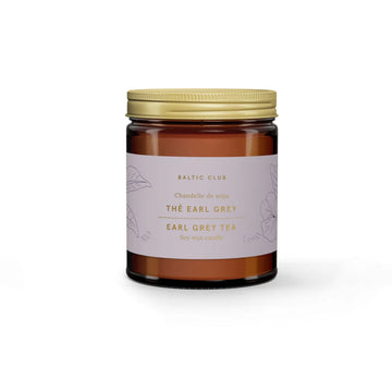 Earl Grey Tea Soy Candle - Amber glass jar Earl Grey Tea soy candle with gold lid and minimalist Canadian handmade label, unique gift idea.