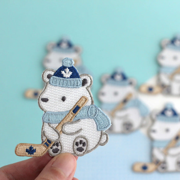 Polar Bear Playing Hockey Embroidered Patch - Maple Leaf Hat