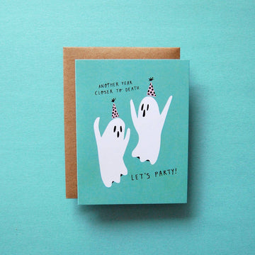 Another Year Birthday Card - Handmade Canadian birthday card with playful ghosts and party hats, unique gift design.