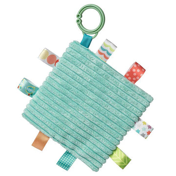 Taggies Crinkle Me - Drax Dragon - Soft teal ribbed fabric baby toy with colorful textured ribbon tags, unique handmade Canadian gift.