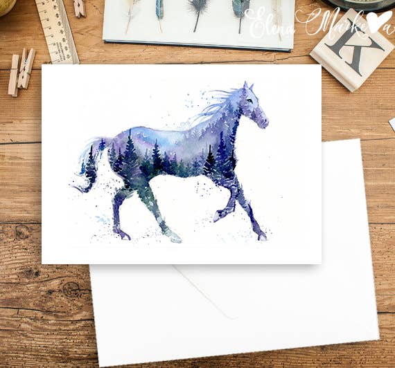 Night Stallion Horse Watercolor Art Card