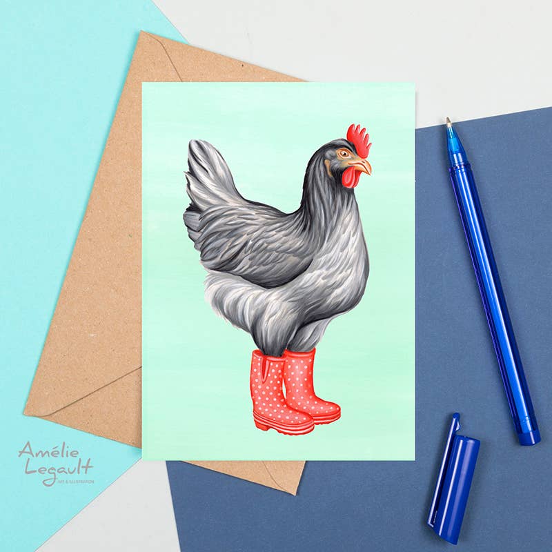 Hen Wearing Rain Boots Card