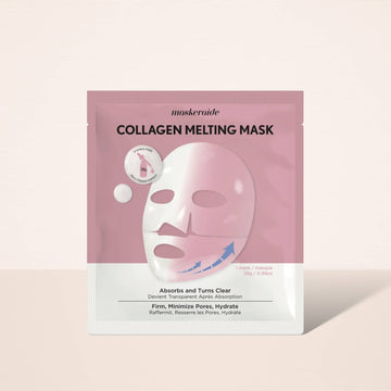 Collagen Melting Mask | Hydrogel Mask - Square pink and white hydrogel mask packet featuring face mask illustration and black text detailing collagen melting.