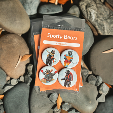 Sporty Bears Fridge Magnets (set of 4) - Set of 4 handmade Canadian fridge magnets featuring unique sporty bear illustrations, perfect gift accessory.