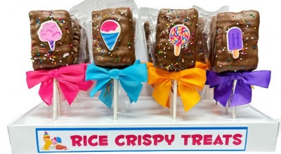 Chocolate Covered Rice Crispy Pop - Four handmade chocolate covered rice crispy pops with colorful candy decorations and bright ribbon bows, unique Canadian gift.