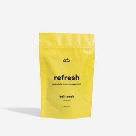 Refresh Bath Salt Soak - Bright yellow resealable pouch with black text labeled Refresh bath salt soak by Epic Blend.