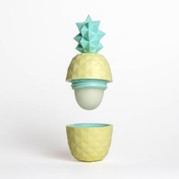Yellow Pineapple Lip Balm 100 % Natural PINA COLADA - Handmade Canadian yellow pineapple lip balm with teal leaves in clear gift box, unique spa accessory.